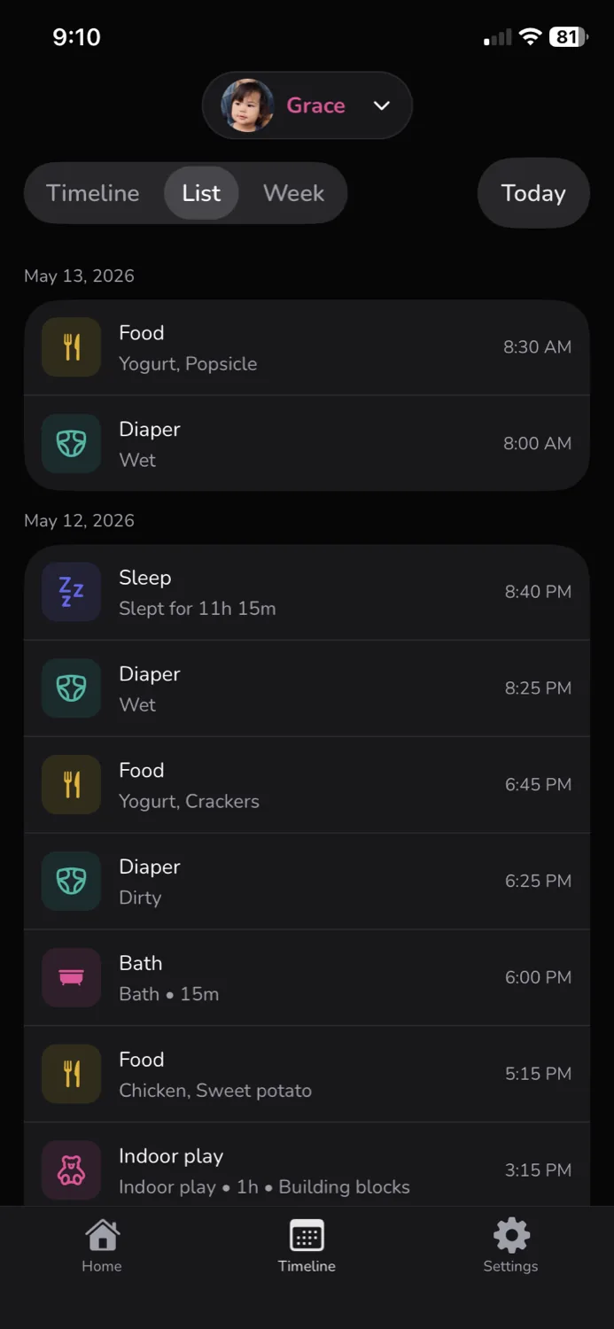 Sprout — list view grouped by date — dark theme