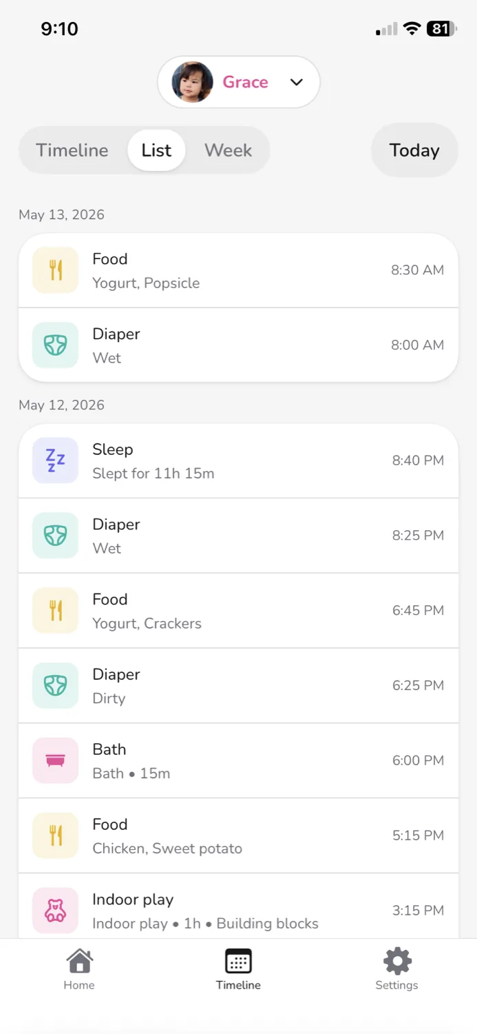 Sprout — list view grouped by date — light theme