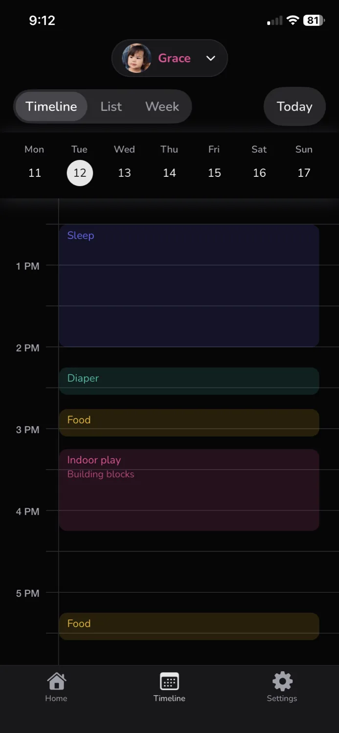 Sprout — timeline calendar view — dark theme
